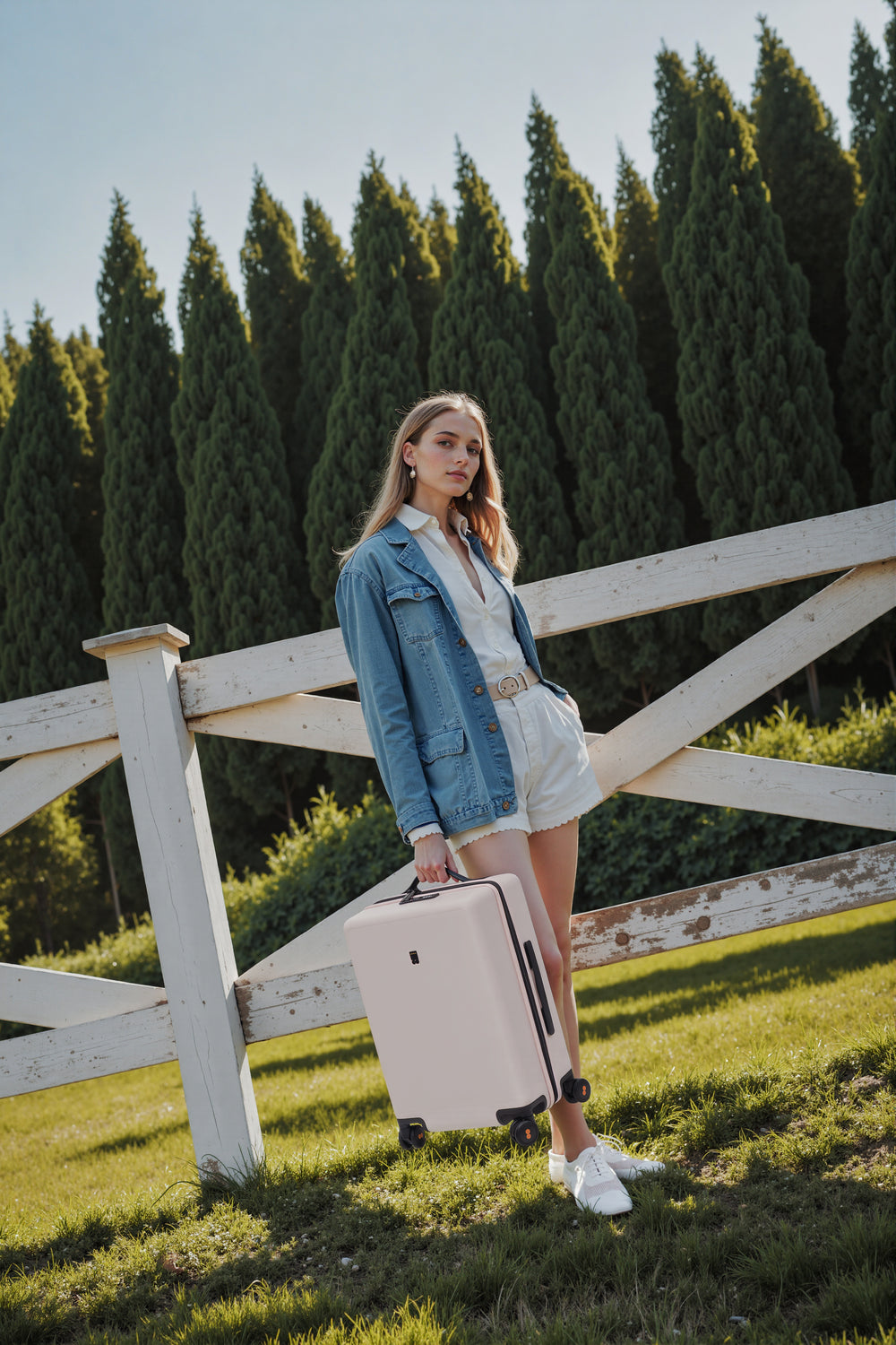 A female model with a LEVEL8 Luminous Texture 20" suitcase in Pink