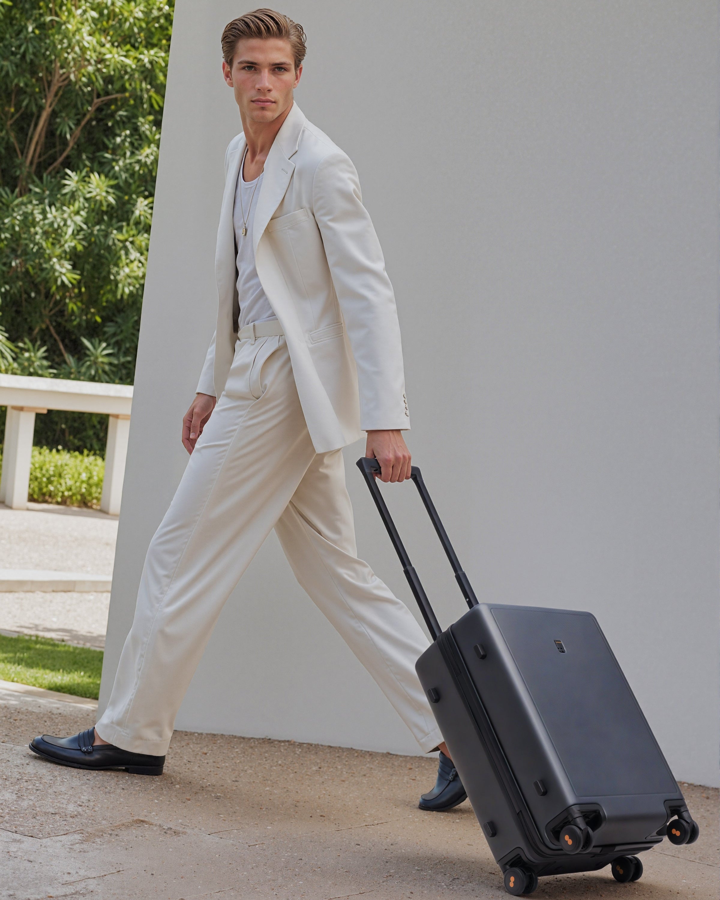 Luminous Checked 20'' grey suitcase in the hands of a male model.