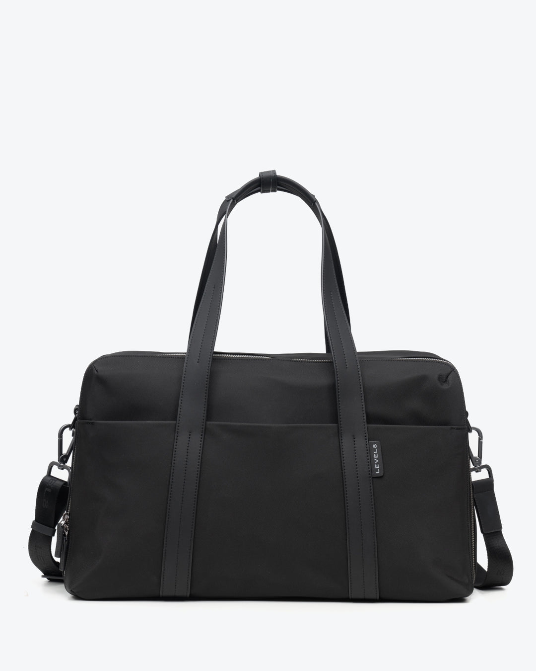 Front view of LEVEL8 CITYGO Weekender Bag in black with carry handles and strap